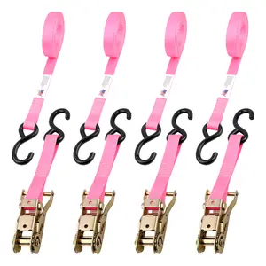 Heavy Duty Ratchet Strap 4PK Premium Tie Down Straps for Moving & Securing Cargo Coated Deep S-Hook Extra Safety Lockable Release Made in USA PINK 12 FT