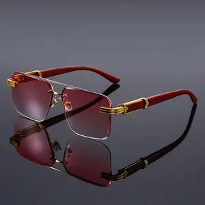 New Square Double Beam Sunglasses Trendy Unisex Semi Rimless Gradient Lens Wooden Temple Frames Retro Fashion 2025