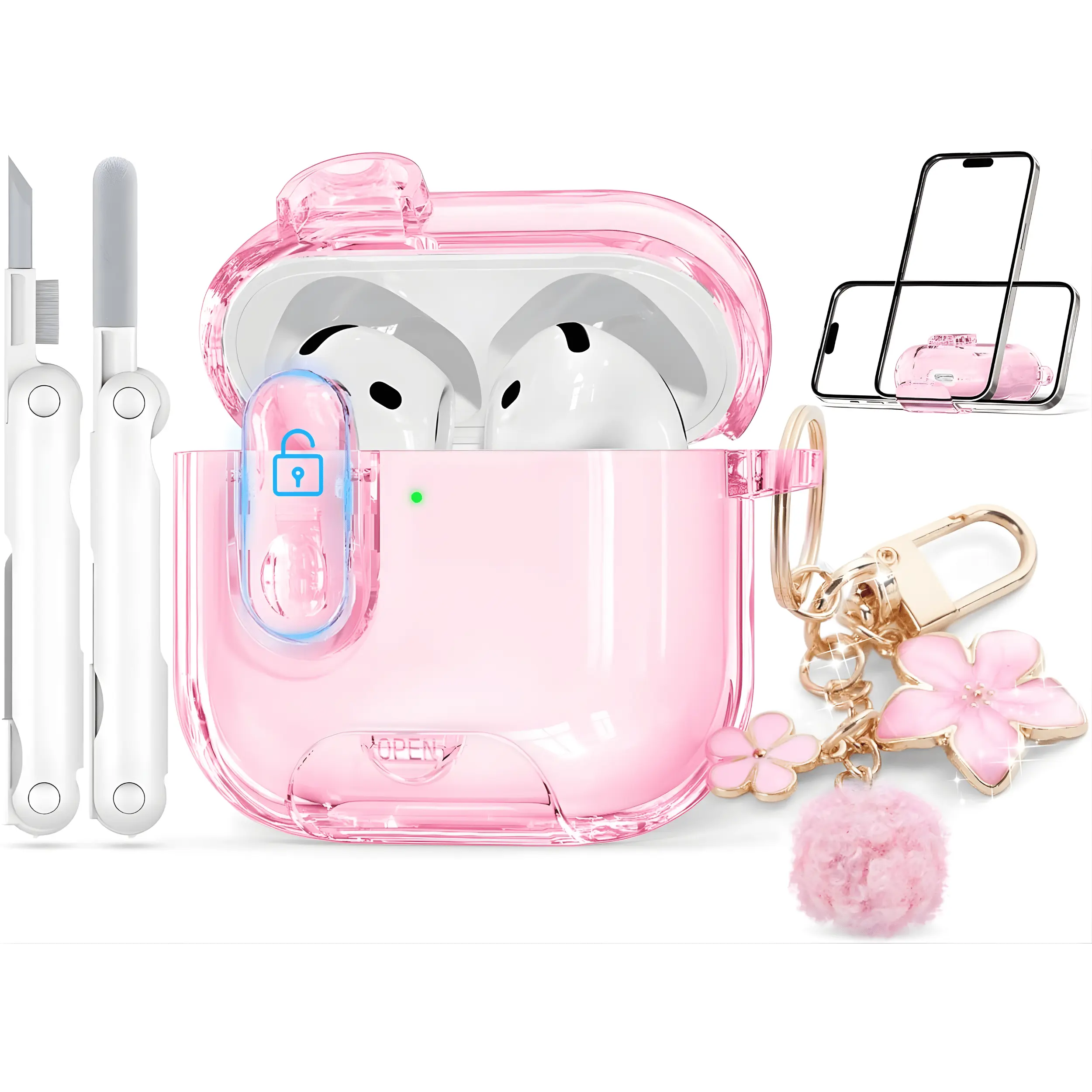 AirPods 4 Clear Case with Safety Lock Pink TPU Protective Cover with Phone Stand, Cleaning Kit & Bling Keychain, Shockproof Anti-Scratch Slim Fit Case for AirPods 4 2024, Cute Accessories
