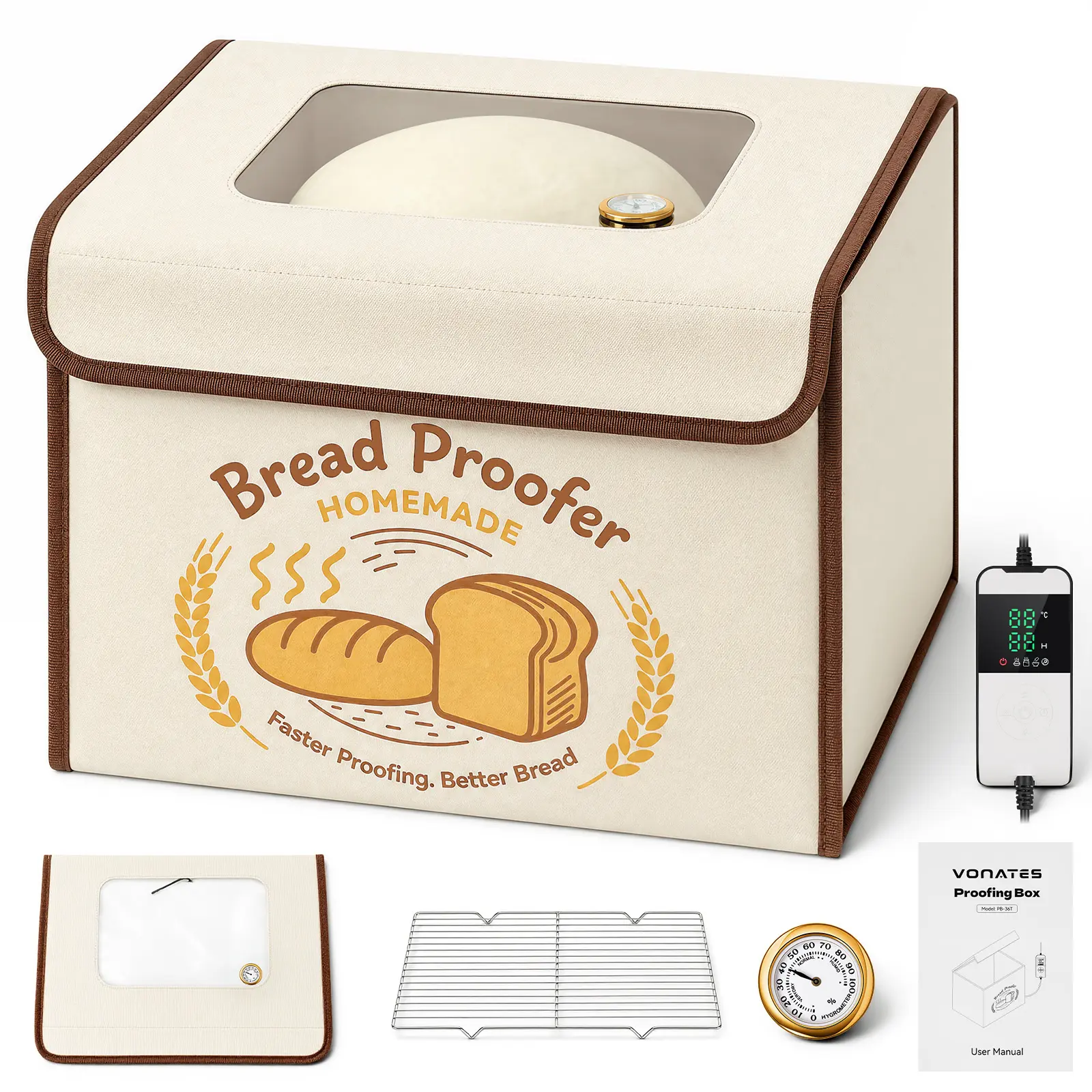 3-Side Heating Bread Proofer, Folding Dough Proofing Box with 50–113°F Temperature Control & 48H Timer, Hygrometer, Stainless Steel Rack, Sourdough Starter Warmer for Bread, Pizza & Yogurt