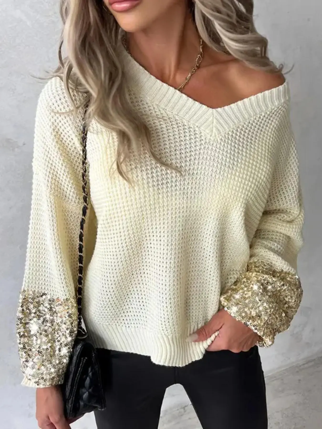 Women's Misty White Sequin Patchwork Sweater, Casual V-Neck Long Sleeve Top, Perfect with Barrel Jeans, Holiday Party Outfit
