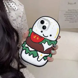 Cute 3D Hamburger Food Cartoon Silicone Phone Case For Smartphone iPhone 17, 16, 15, 14, 13 Pro Max Soft Protective Cover Protection