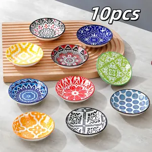 10 Pack Bohemian Ceramic Condiment Dishes Sauce Plates Appetizer Plates for Home Kitchen Restaurant Sushi Bar Party Cold Dishes Hot Pot BBQ Picnic Camping, Ceramic Small Round Plates, Festival Gift