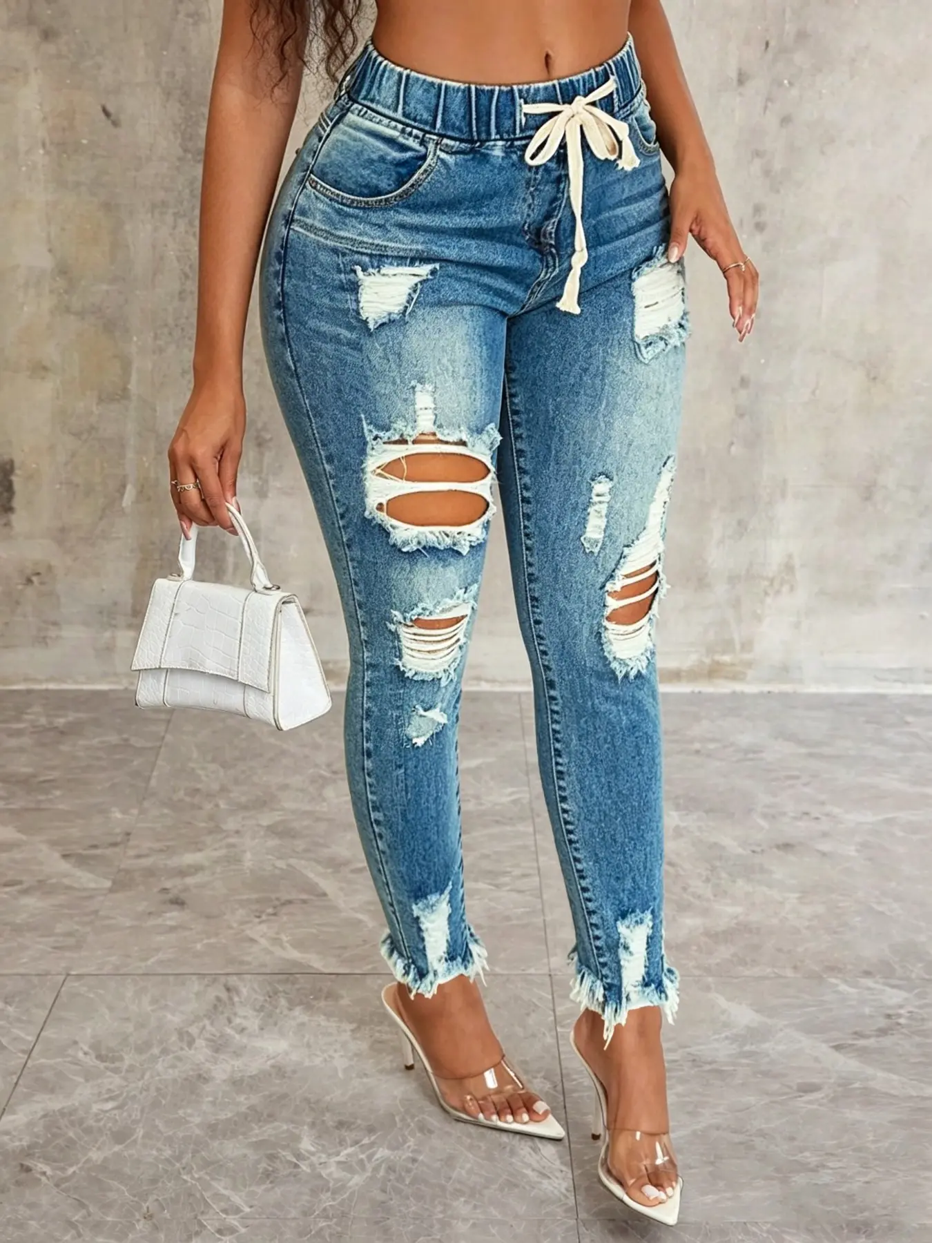 Plus Size Distressed Ripped Skinny Fashion Jeans Casual High-Waisted Drawstring Waist Denim Pants, Y2K Clothes Summer Daily Wear, Trendy Streetwear Bottoms, Comfortable Slim Fit Casual Trousers, Stylish Frayed Detail Party Casual Wear