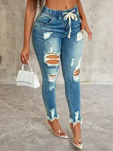Plus Size Distressed Ripped Skinny Jeans Casual High-Waisted Drawstring Waist Denim Pants, Y2K Clothes Summer Daily Wear, Trendy Streetwear Bottoms, Comfortable Slim Fit Casual Trousers, Stylish Frayed Detail Party Casual Wear