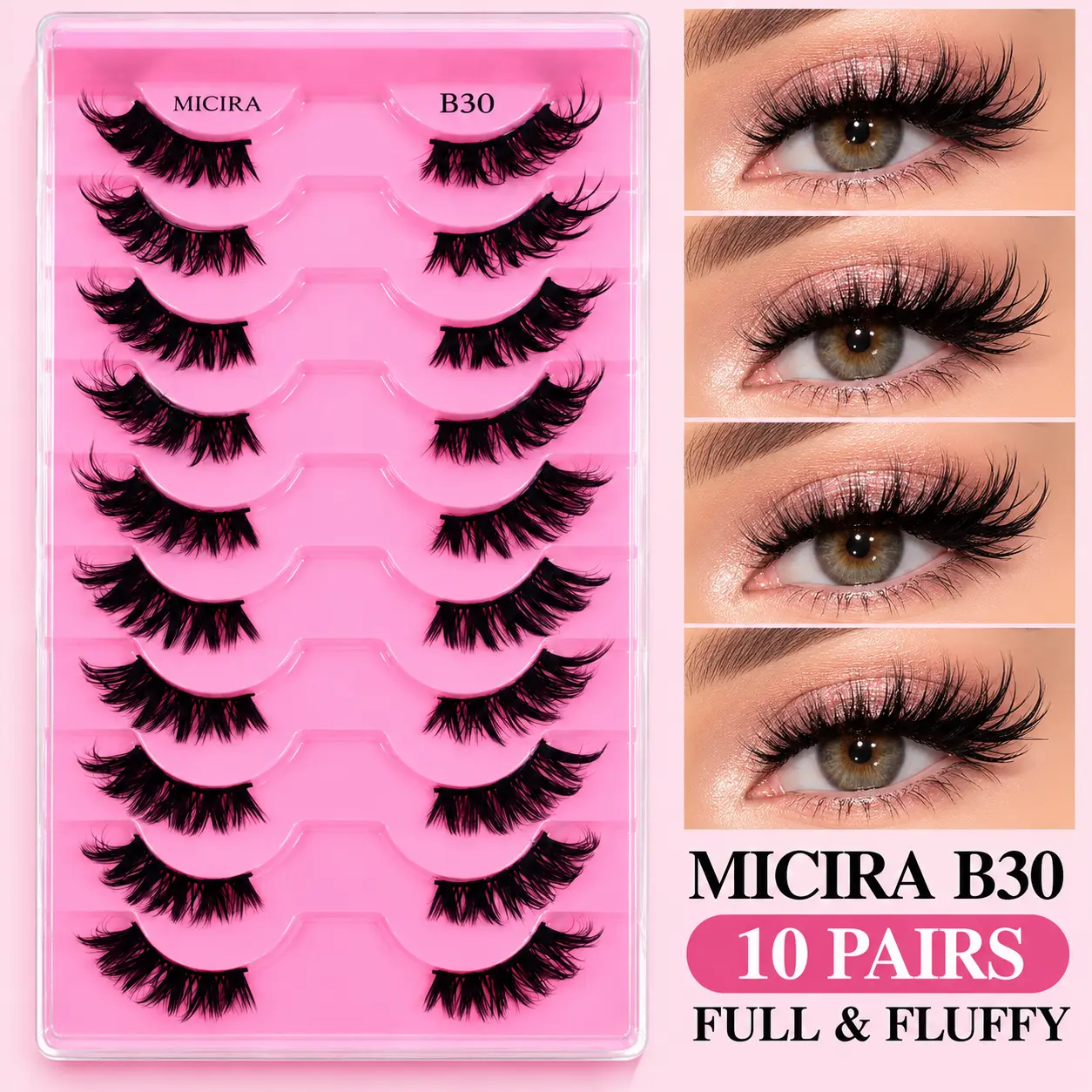 MICIRA 10 Pairs Wispy False Eyelashes Set with Bond & Seal, Fluffy Cat Eye Strip Lashes, Natural Volume Reusable Falsies, Lightweight Easy Apply Lash Kit for Beginners