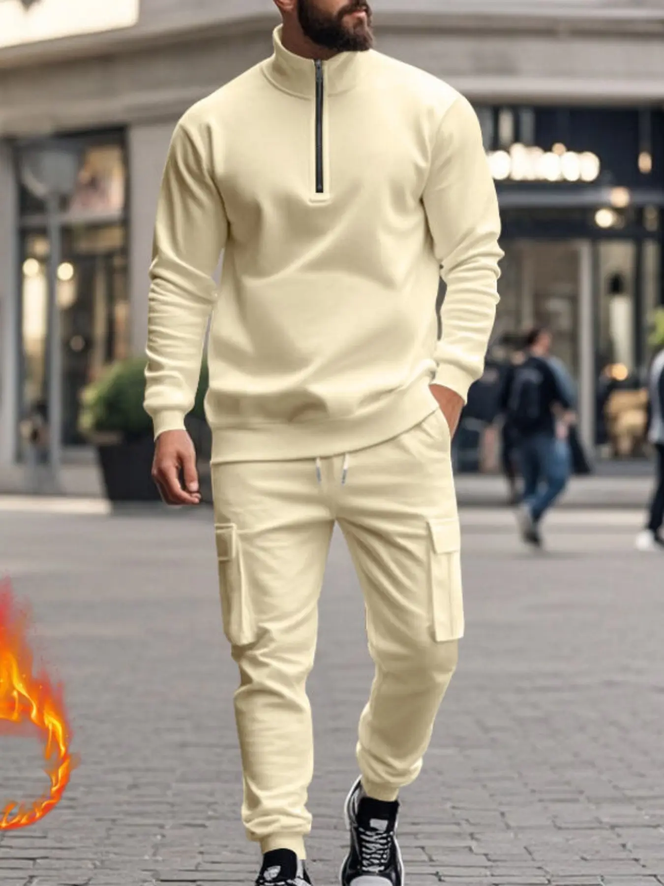 Men's Fleece Tracksuit Set - Half - Zip Mock Neck Top, Cargo Joggers, Ribbed Trim, Athletic Fit. Designed for All - Day Warmth in Winter & Casual Settings, Suitable for Outdoor Workouts, Urban Commutes & Lazy Sundays. Modern Men Seeking Sweatsuit Set