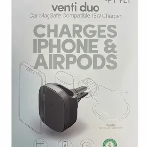 TYLT Venti Duo | 15W Fast Magnetic Wireless Car Charger Compatible with iPhone 15/14/13/12 Series and Airpods, MagSafe Car Charger with Vent Clip and Suction Stand Included | Black