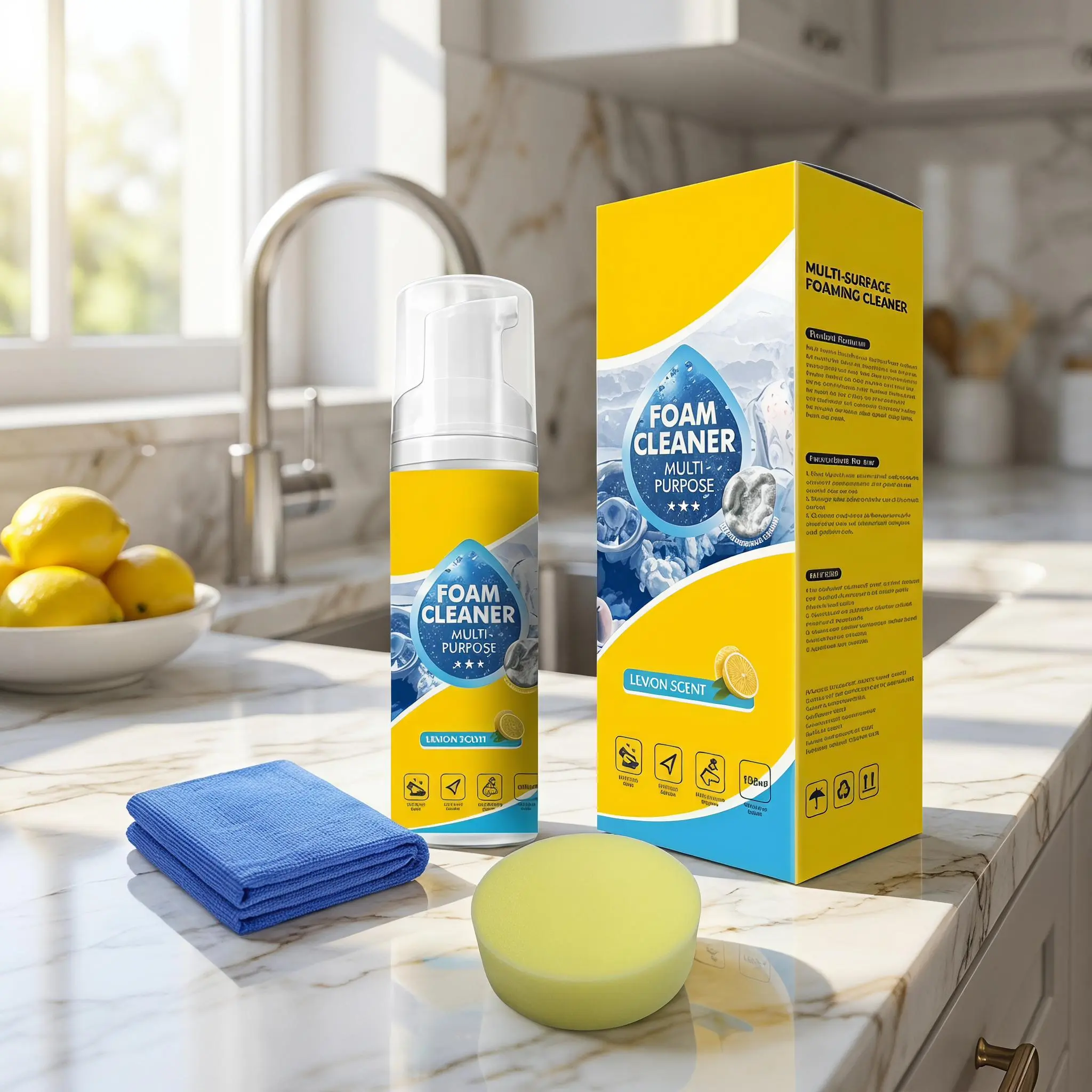 【Summer Sale Deals】Lemon-Fragrance All-Purpose Cleaning Foam Kit with No-Wash Stain Removal Spray, Heavy-Duty Scrub Sponge & Microfiber Cloth for Kitchen Surfaces & Car Interior Fabrics