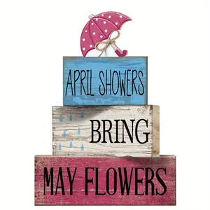 4 Pcs Spring Decorations for Home, Wooden Umbrella Tiered Tray Decorations, Spring Centerpieces for Tables Farmhouse Decorative, Umbrella Faux Stack Block Sign for Home Shelf Decor, Indoor Home Decoration
