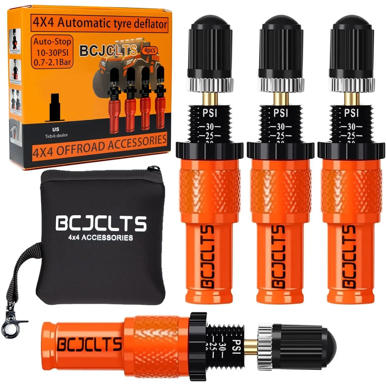 Adjustable Auto-Stop Tire Deflator Valve Kit (10-30 PSI) Tire Air Down Tool Offroad 4x4 Screw-on Automatic Tire Deflators. (4, Orange)