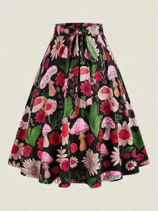 Women's Plus Size Casual Floral Print Skirt, Boho Style Fitted Long Skirt, Fall Fashion Flared Skirt for Women