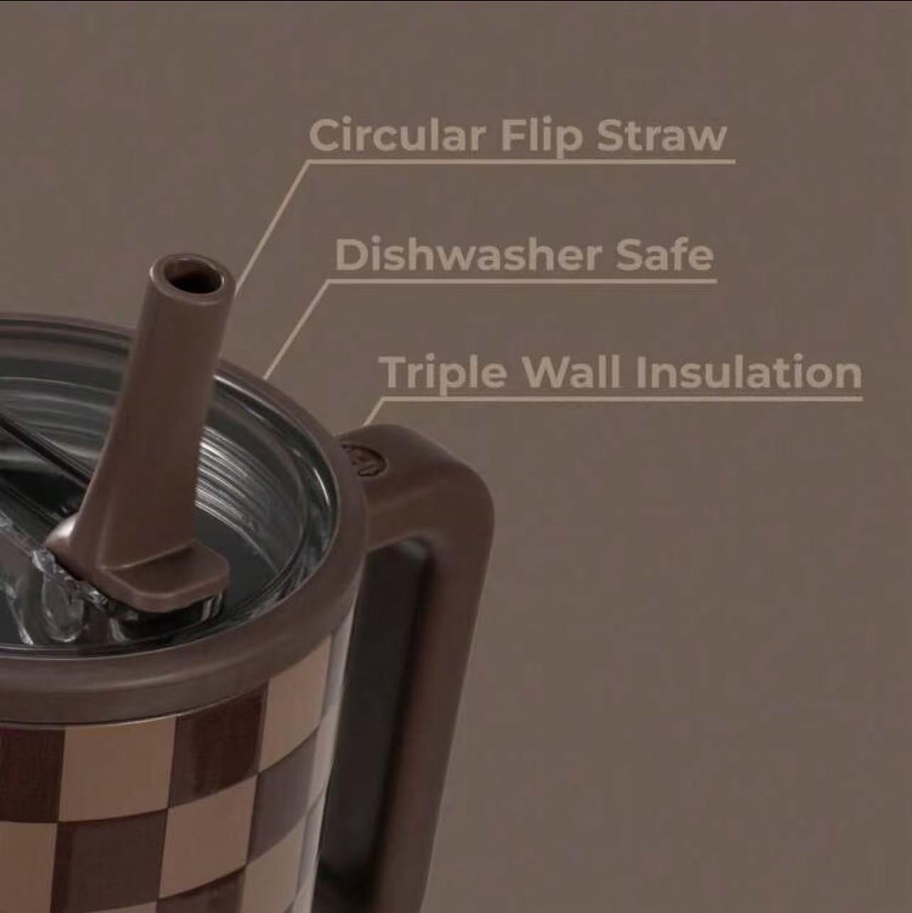 HydroJug 40oz Checkerboard Tumbler with Handle & Straw, Brown Beige Insulated Stainless Steel Cup, Leakproof, 24H Cold Retention, Car Cup Holder Friendly, BPA-Free | Aesthetic Brown Beige Insulated Cup with Handle, Leakproof Travel Mug for Car, Office