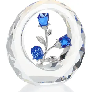 Blue Rose Bouquet Figurines Glass  with Stems Valentines Anniversary Rose Gifts for Girlfriend Wife, Blue  Rose in Glass Ring Collectible Figurines Forever Roses Decor