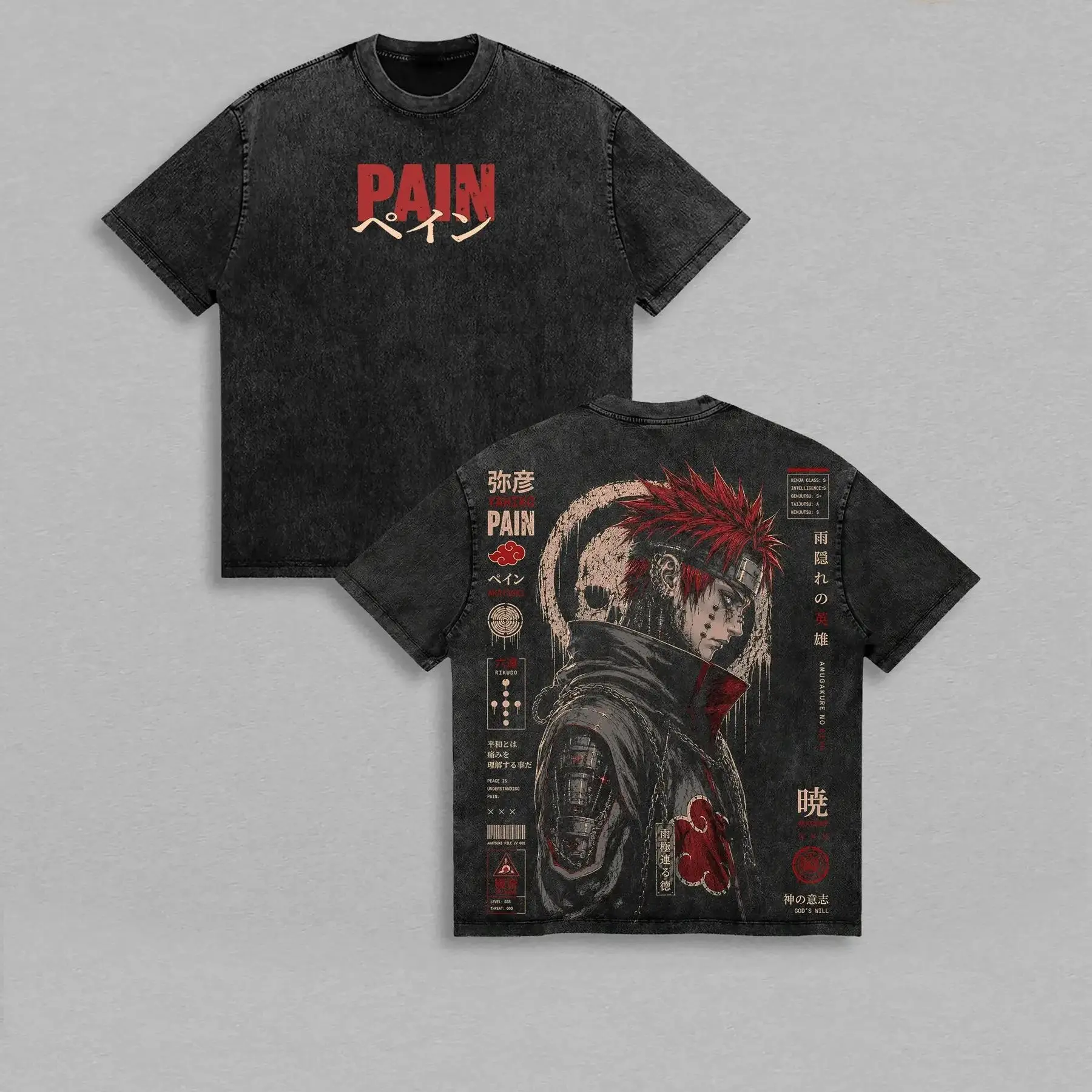 Men's Classic Comfy Oversized Heavyweight Cotton T-Shirt - Naruto Anime Pain Yahiko Akatsuki 6-Paths Rinnegan Prints, Vintage Washed Seamless Streetwear Tops, Shortsleeve