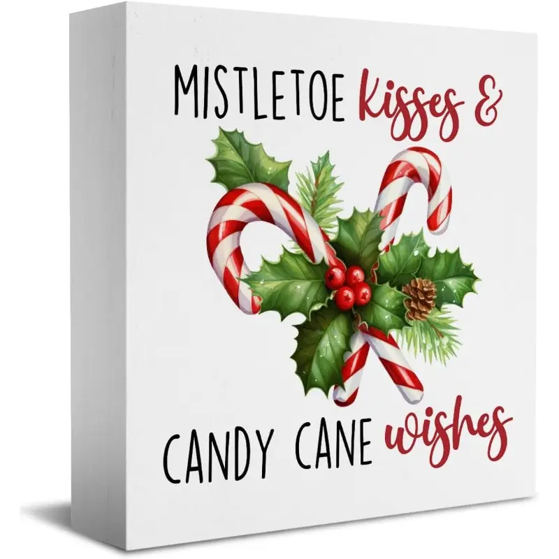 Kitchen Christmas Decor,Candy Cane Decor,Farmhouse Christmas Decor,Mistletoe Wooden Box Sign,Home Office Decorations for Desk Table Shelf 5x5 inch
