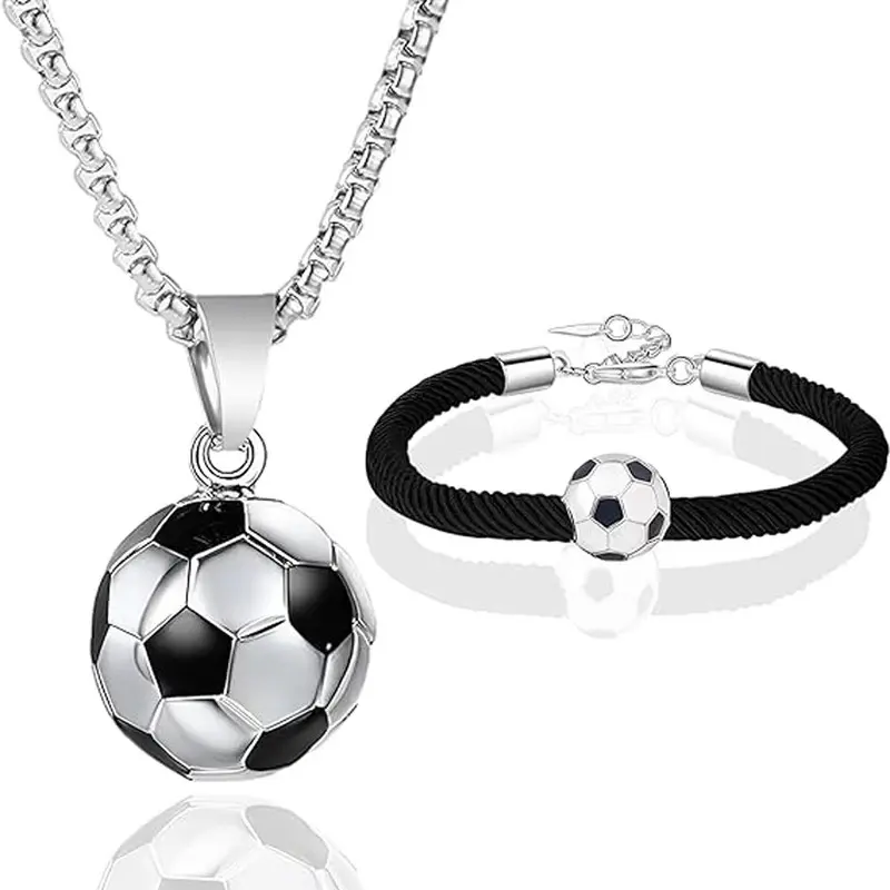 Football stainless steel necklace and bracelet, soccer pendant necklace drip bracelets for soccer lovers, couple, daughter, son