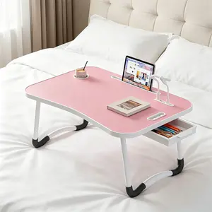Laptop Desk with 4 USB Charge Port(NO mini fan and light), 23.6" Foldable Wood Laptop Desk, Durable Edge with Slots Cup Holder & Drawer, for Reading Writing Eating & On-the-Go Use