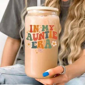 Sip-Sip Hooray! 16oz In My Auntie Era Glass Cup – Custom Iced Coffee Tumbler with Lid & Plastic and Glass Straws, New Aunt Gift, Reusable Aesthetic Drinkware Water Bottle Portable Washable Mug