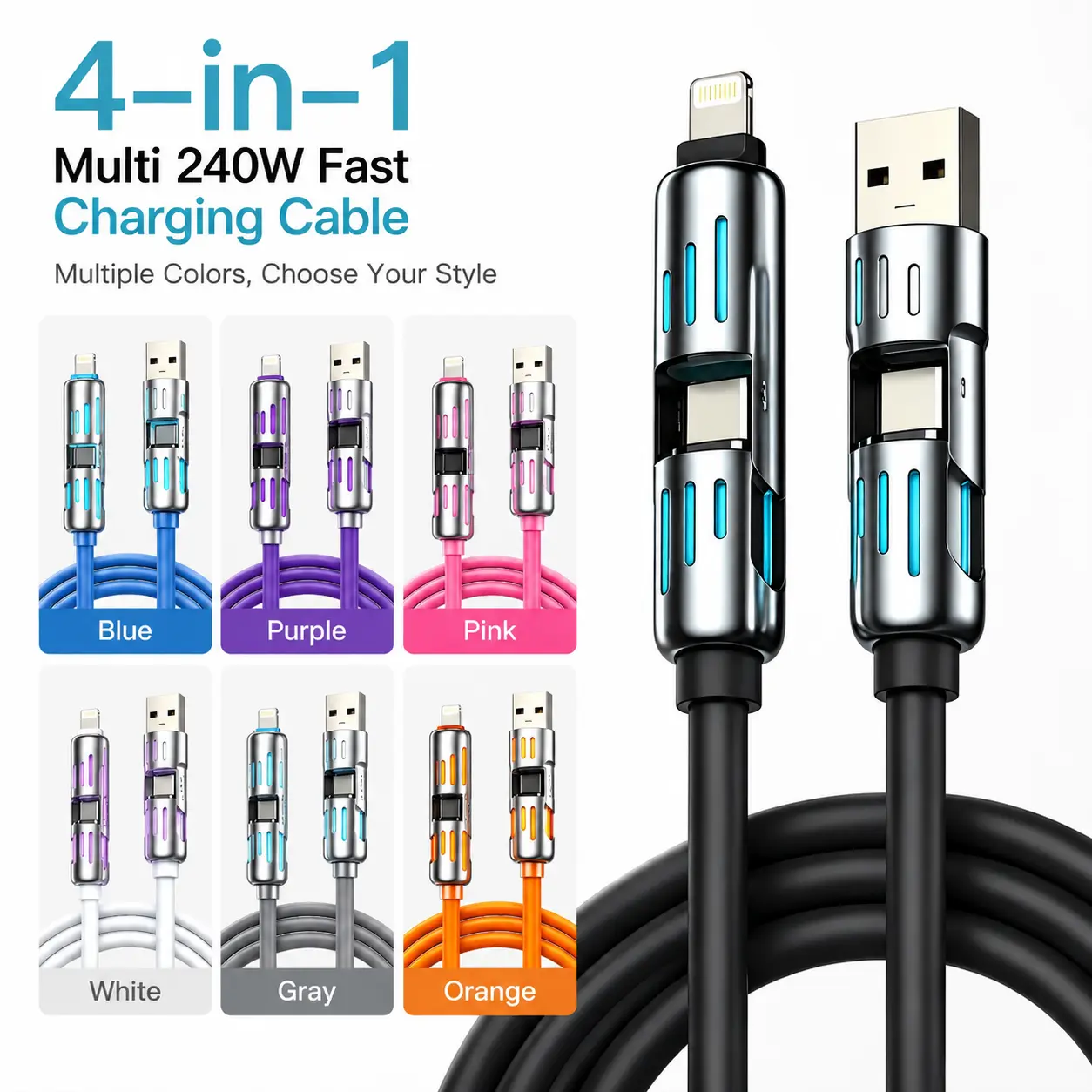 240W USB C to Lightning Cable, USB C to USB C Cable 6.6FT, USB A/C to C/Lightning 4 in 1 Charging Cable for iPhone 17/16/15/14, MacBook, iPad, Samsung S25/S24