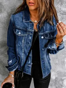 Women's Casual Long Sleeve Denim Jacket Coats, Ripped Design, Fitted Style, Button Front, Pockets, Fashionable and Versatile Outerwear