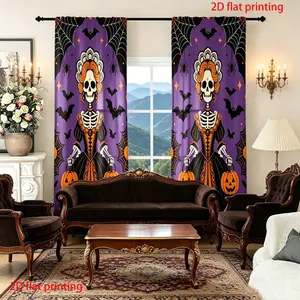 2-piece set of Halloween skull women's printed curtains, semi blackout polyester fabric, purple themed bat spider web decoration curtains, living room bedroom curtains