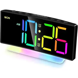 Extra Loud  Clock for Heavy Sleepers Adults,Teens,,Rainbow Clock for Bedrooms,Small Bedside Digital Clock with Large Display,7 Color Night Light,12/24h(Black+Dynamic)