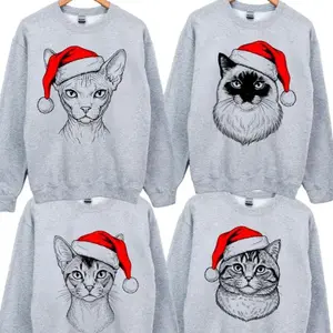 Santa Claws Christmas Cat Sweatshirt - ASH GREY- 12 Cat Breeds in Festive Santa Hat, Cat Christmas Sweatshirt, Santa Hat Cat Breed Crewneck, Sphynx Siamese Ragdoll Abyssinian Tabby Christmas Tee, Cat Lover Holiday Sweatshirt, Unisex Holiday Apparel