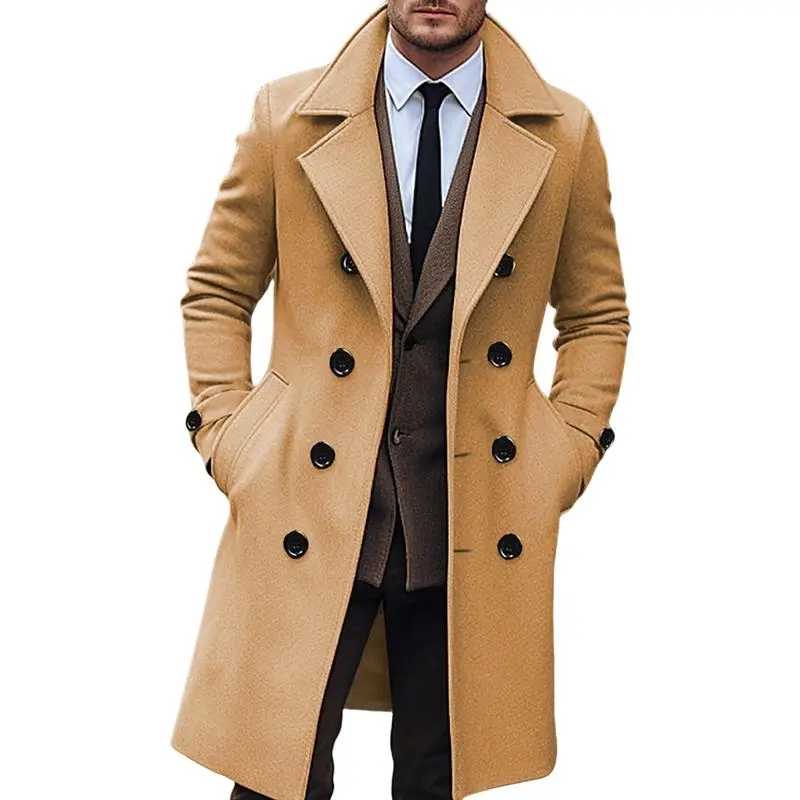 Mens Trench Coat Notch LapelFit Double Breasted Wool Blend Long Pea Coat Winter Warm Overcoat Classic Menswear