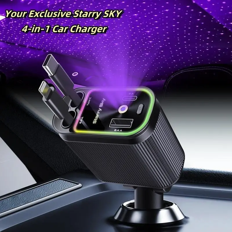 4-in-1 Car Roof Super Fast Retractable Car Charger with Anti-Tangle Retractable Cables, Dual Charge Port，Starlight In Roof Fast Charging Adapter -Automotive  car charger  led light Vehicle