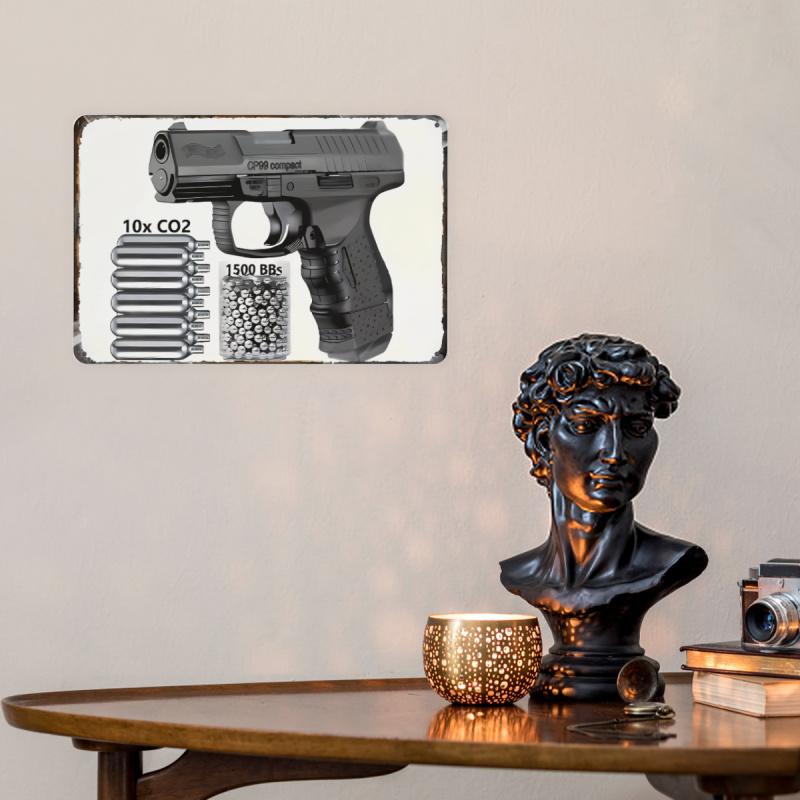Room Decor Retro Pistol Metal Iron Sign, "cp99 Compact" Pistol Design Retro Metal Iron Sign, Waterproof And Weatherproof Decoration, Perfect For University, Cave, Bar, Cafe, Garage, Farmhouse, Man Cav, Vintage Metal Sign