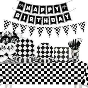 196Pcs Race Car Birthday Party Supplies Decorations for Birthday,Black White Checkered Theme Party Favors Including Banner, Plates, Cups, Napkins, Cutlery
