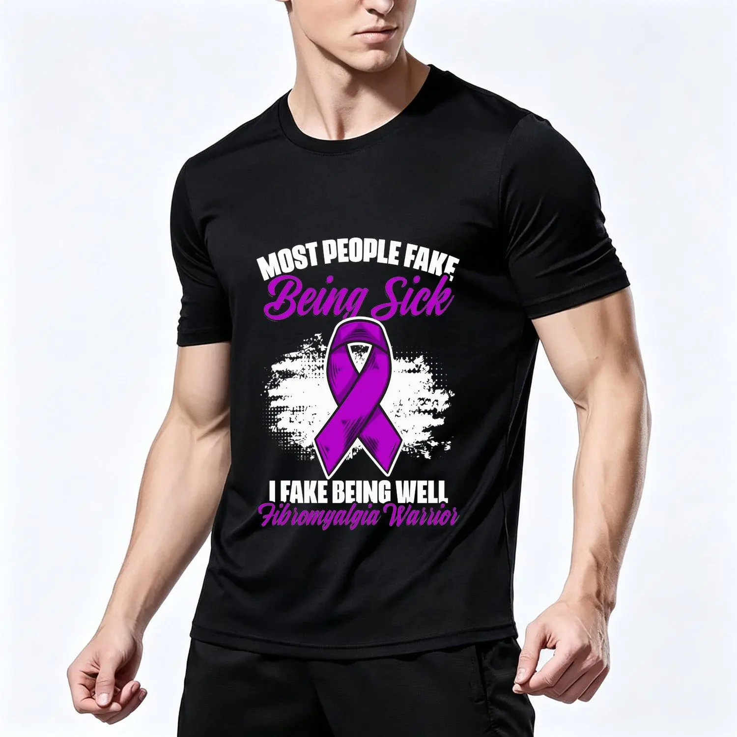 Mens Casual Graphic T Shirt Purple Ribbon Fibromyalgia Awareness Design Supportive Everyday Wear Seasonal Gift for Fibromyalgia Warriors and Advocates Comfortable Style