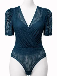Sheer Lace Bodysuit with Puff Sleeves (Teal)