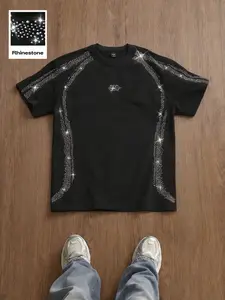 Y2K Rhinestone Graphic T Shirt, Streetwear Oversized Bling Diamond Tee, Hip Hop Harajuku Casual Top for Men, Y2K Aesthetic Summer Outfit, 2000s Retro Sparkle Tshirt, Street Style Fashion, Grunge Aesthetic, Eboy Clothing, Oversized Fit