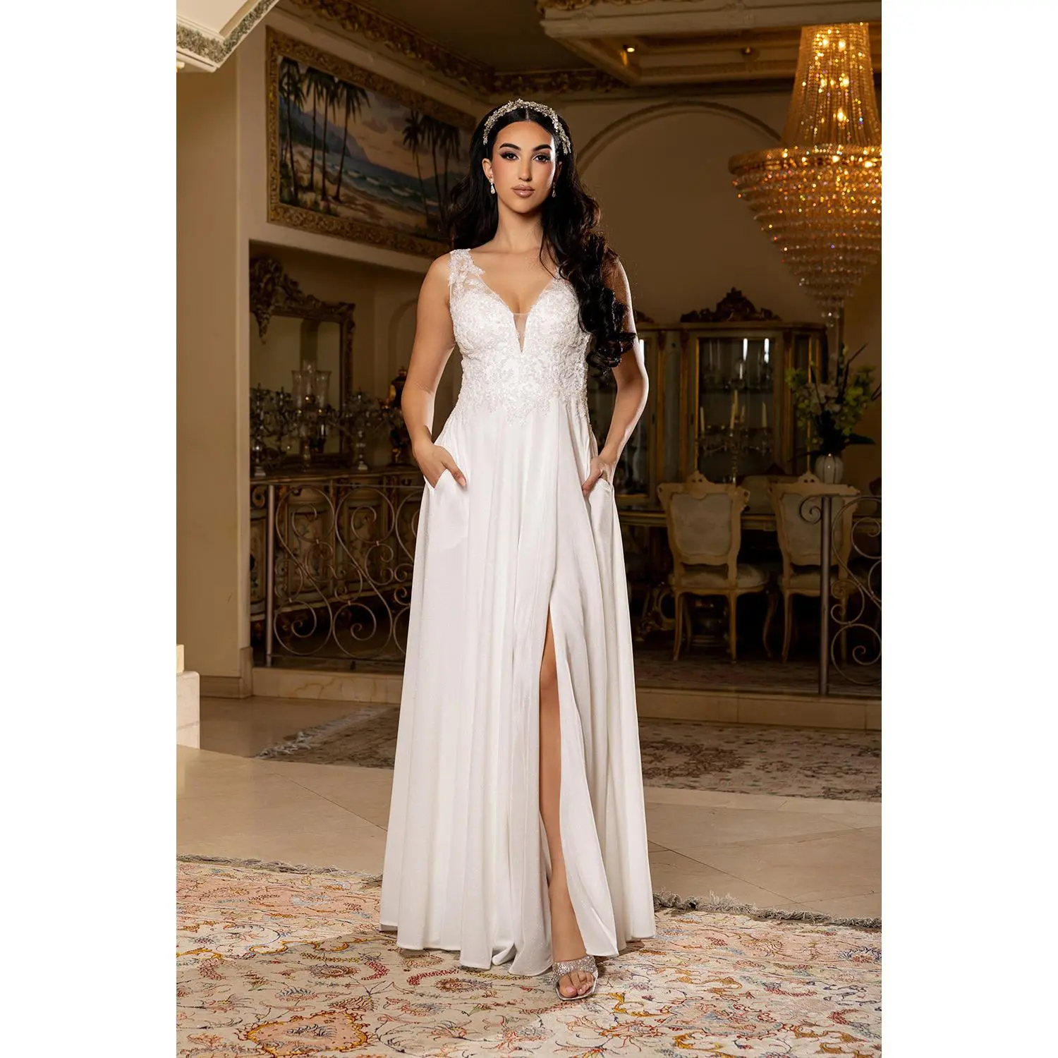Ivory Sleeveless Plunging V-Neck Beaded Lace Wedding Dress with Pockets by May Queen MQ2137
