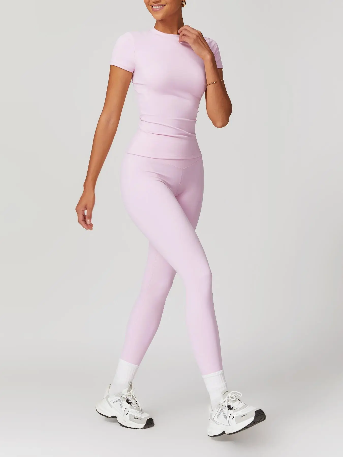 Women's Plain Round Neck Crop Tee & High Waist Leggings Tracksuit Set, Sport Breathable Quick Drying Short Sleeve T-Shirt & Skinny Pants Set for Yoga