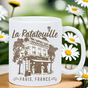 [Made in US] Charming Parisian Ratatouille Ceramic Coffee Mug - Insulated, Reusable, Hand Wash Only - Ideal Gift for Foodies & Tea Enthusiasts - White with French Cafe Design, Gift for Coffee Lovers | Parisian Cafe Design | Reusable Coffee Cup