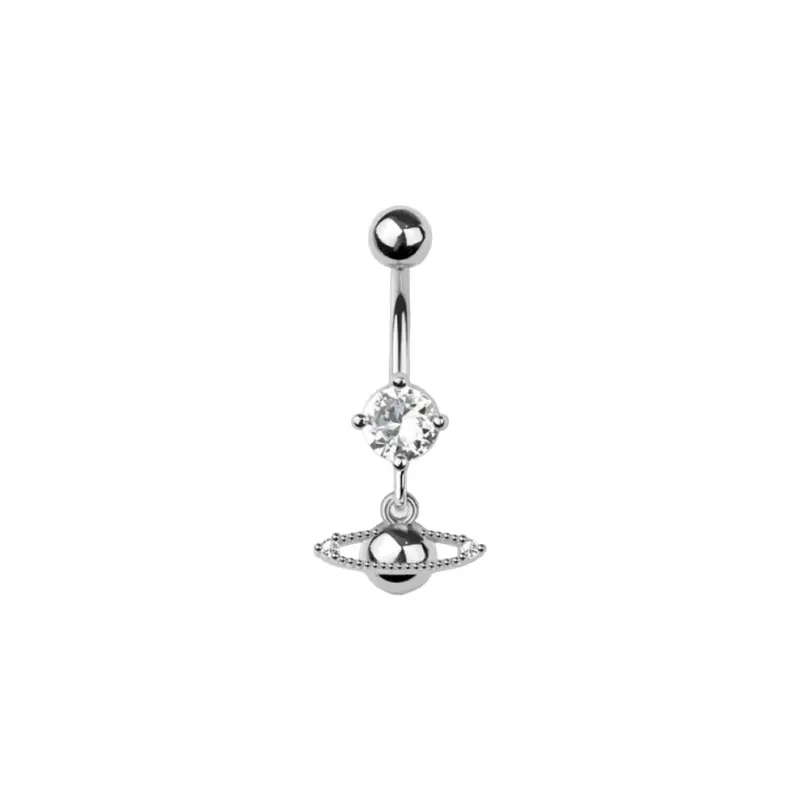 Silver surgical stainless steel 14g belly button piercing with planet design