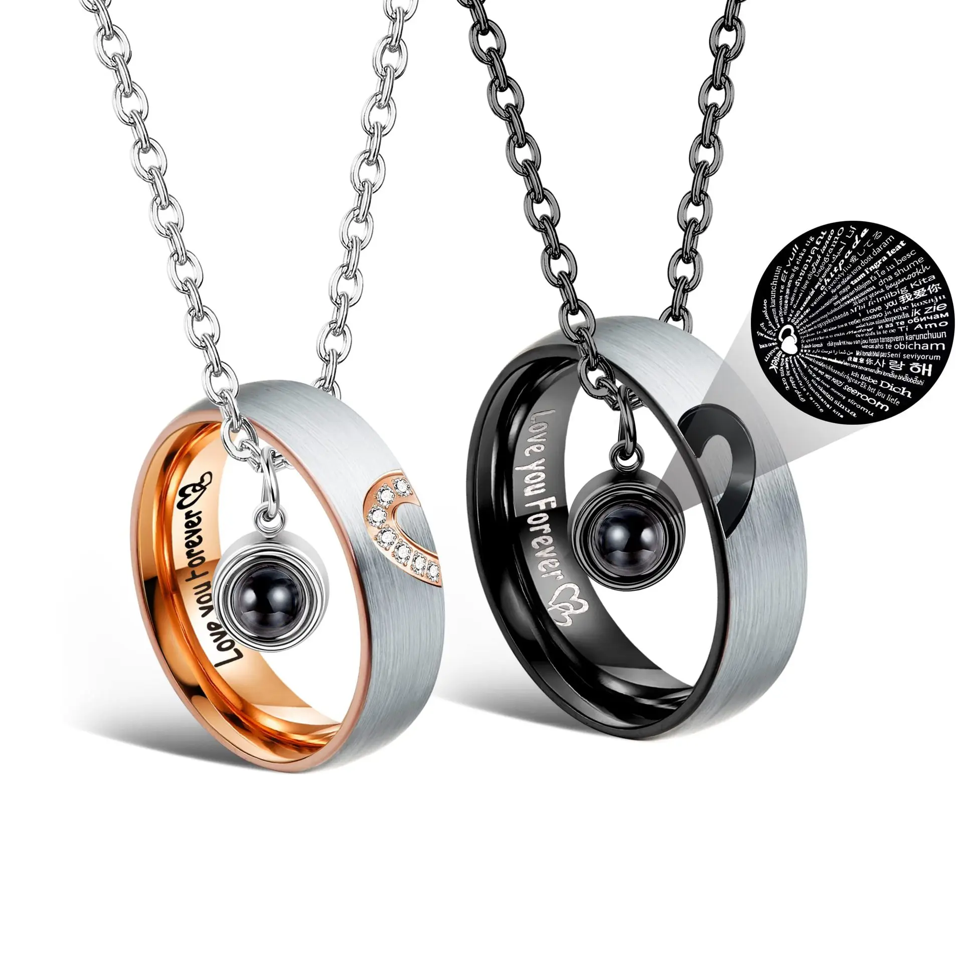 Couples Projection Necklace, Rose Gold Crystal Inlaid Heart and Ring Pendant with 'I Love You' in 100 Languages, Valentine's Day Jewelry Gift, Necklace Pendant Jewelry, Pendant For Chain