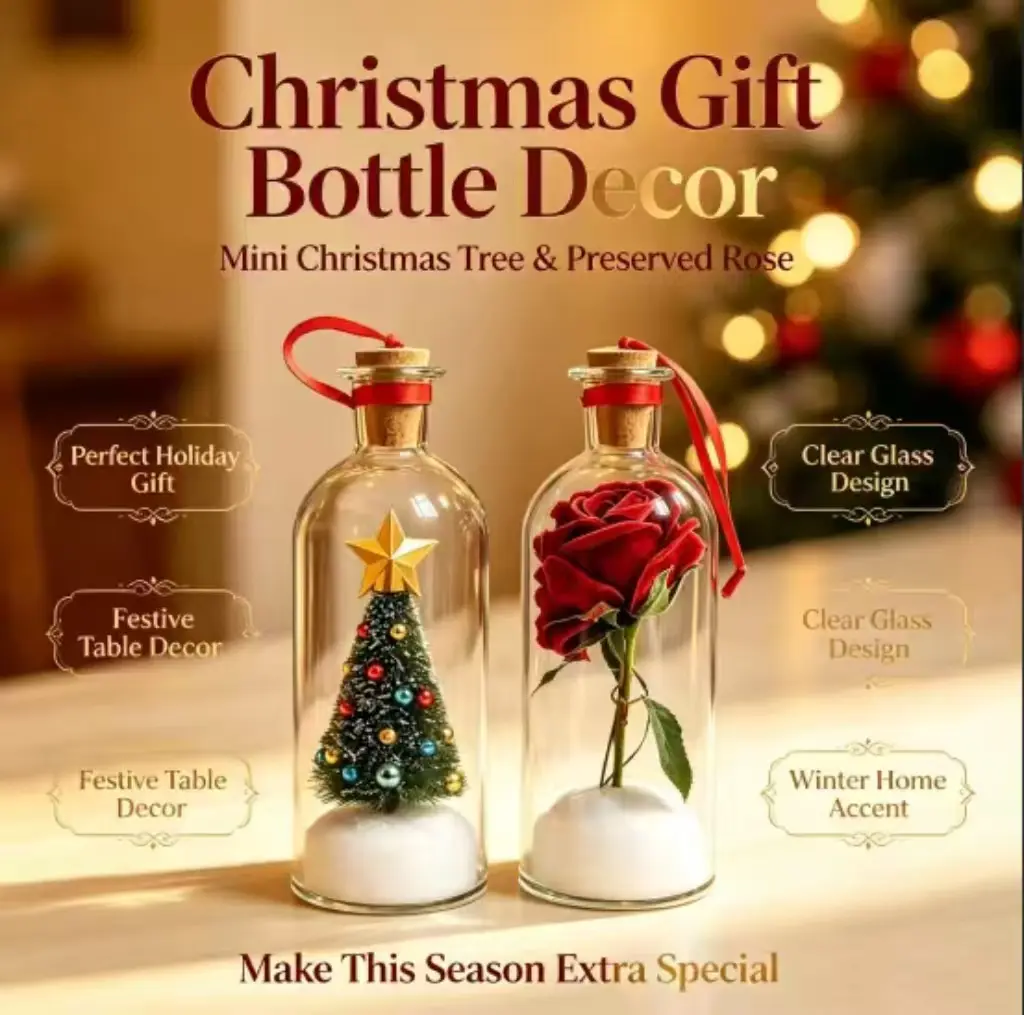 Mr. Christmas 8" Recordable Christmas Tree Message In A Bottle Mini Christmas Tree & Red Rose In Glass Bottle Ornament, Winter Desk Decor, Christmas Gift for Her, Romantic Preserved Flower Home Decor, Holiday Keepsake Ornament