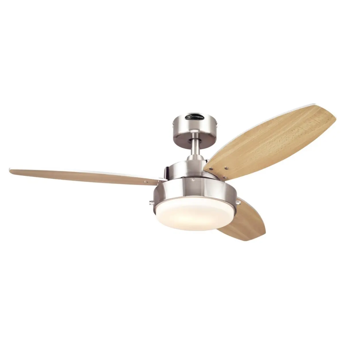 Westinghouse Traditional 42 In. Brushed Nickel Hugger Mount Ceiling Fan with Reversible Beech, Wengue, Rosewood, Bird's Eye Maple MDF Blades, Opal Frosted Glass Shade, 3 Speeds, Reverse Switch, Triple MDF Components, Three Speeds