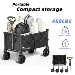 ByNee Foldable Wagon Cart with Wheels 450LBS Capacity Collapsible for Beach Camp Sports Garden 2 Cup Holders Lightweight Portable Black