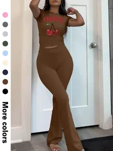 Fashionable Summer Fruit Cherry Print Women's Short-Sleeve Crop Top + Long Pants Set, Casual Fitted Knitwear for Young Adults, Comfortable and Stylish