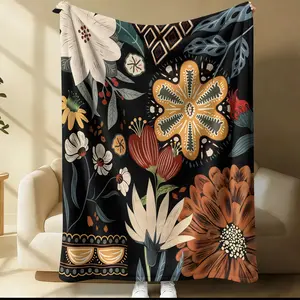 Vintage Boho Floral Flannel Blanket, Black Background Earth Tone Botanical Throw Blanket, Ultra Soft Bohemian Ethnic Warm Blanket, Cozy for Couch Bed Sofa Travel, Perfect Gift Blanket for Women Teen Girls Home Decor