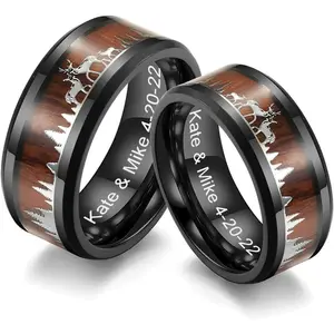 Personalized Couple Ring Set for Him Her 8MM Stainless Steel Deer Stag Forest Silhouette Wood Inlay Bevel Edges Wedding Band Promise Engagement Ring for Girlfriend Boyfriend,Size 7-12