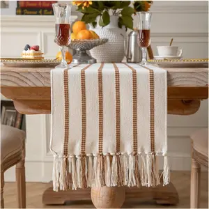 Boho 72 Inchs Long Brown and Beige, Cotton and Woven with Tassels, for Rustic Farmhouse Neutral Table, Bohemian Dining Table Home