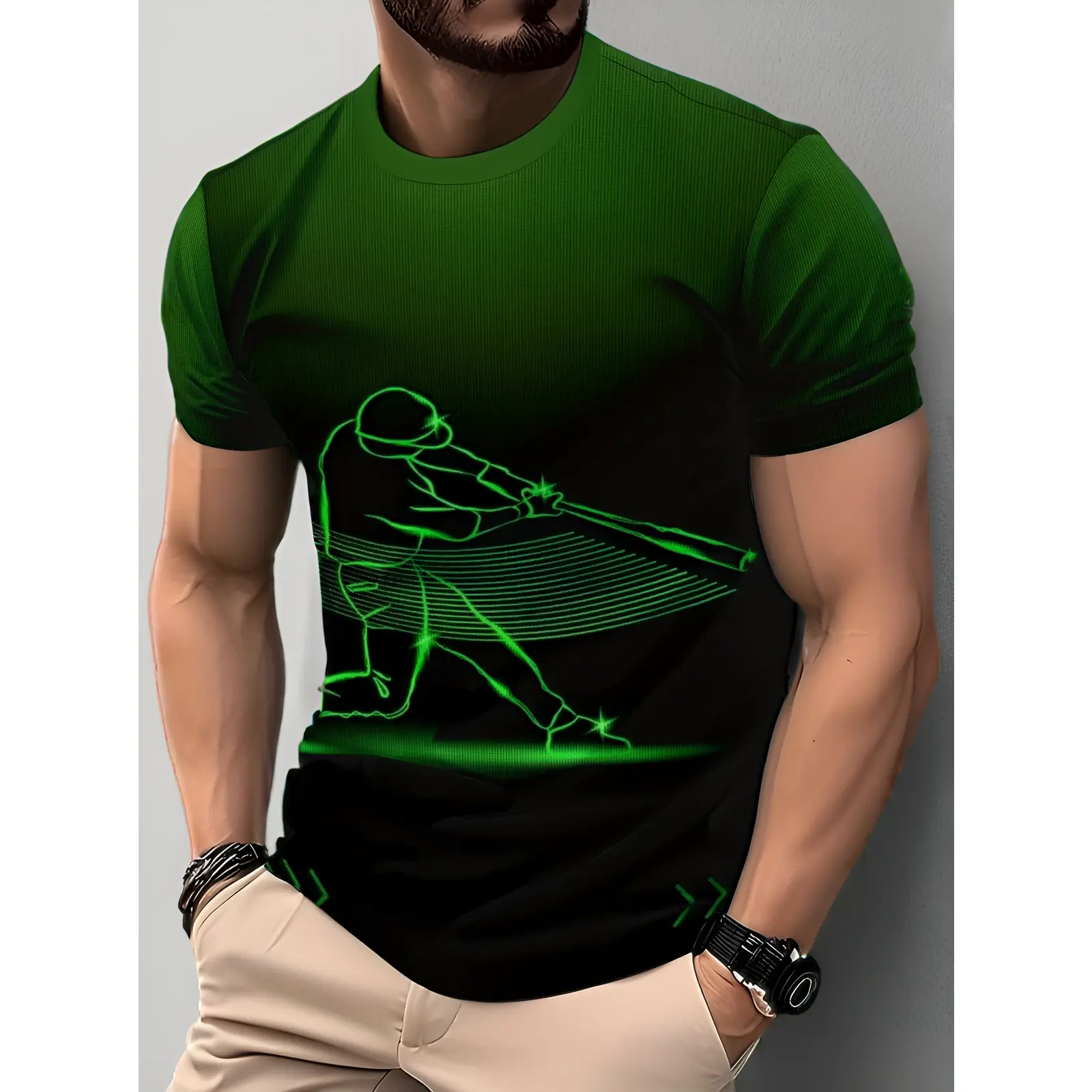 Men's Quick-Dry Sports T-Shirt - Moisture-Wicking Gym Tee with Fluorescent Green Cricket Print, Lightweight Breathable Fabric for Workouts and Office Wear, Sweat-Resistant Design, Suitable for Casual and Formal Occasions - Year-Round Men's Top