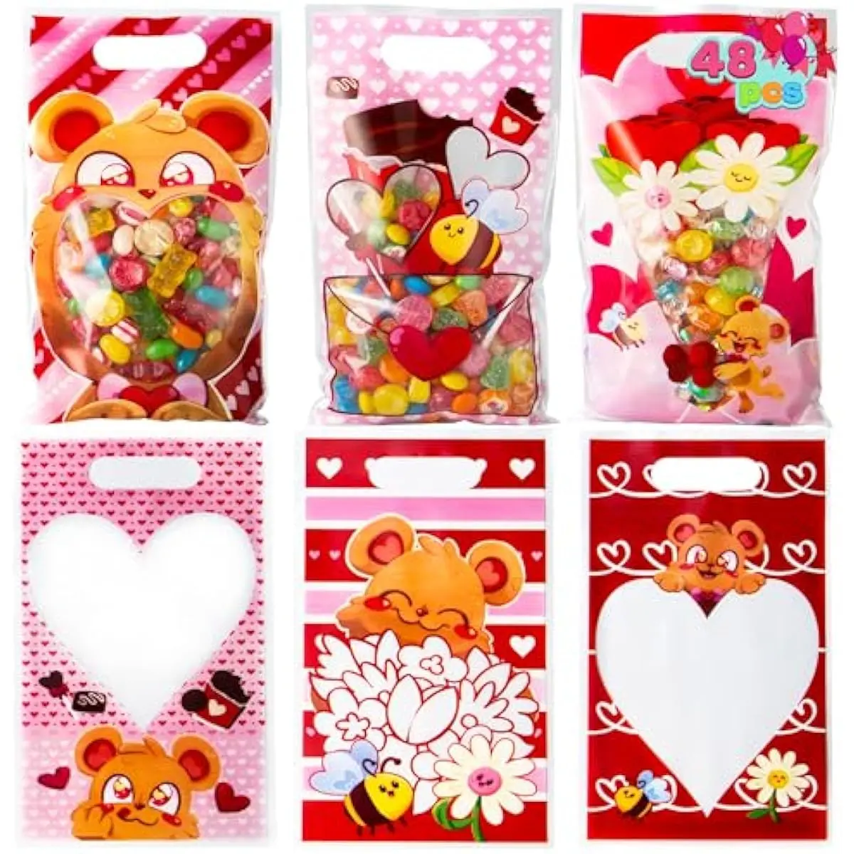 JOYIN 48 Pcs Valentines Day Gift Bag, Plastic Treat Bags, Cellophane Candy Bags in 6 Designs with Heart Shaped Window for Valentine Party Favor, Kids Valentine Party Favor, Classroom Gift Exchange