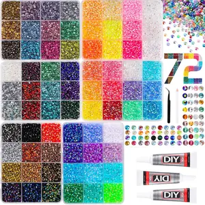 72 Color Nail Art Rhinestones Set, Includes Glue and Tweezers, Sparkling Ab Flat Back Drills, DIY Nail Craft Supplies, 3mm Rainbow Gems，nail charms